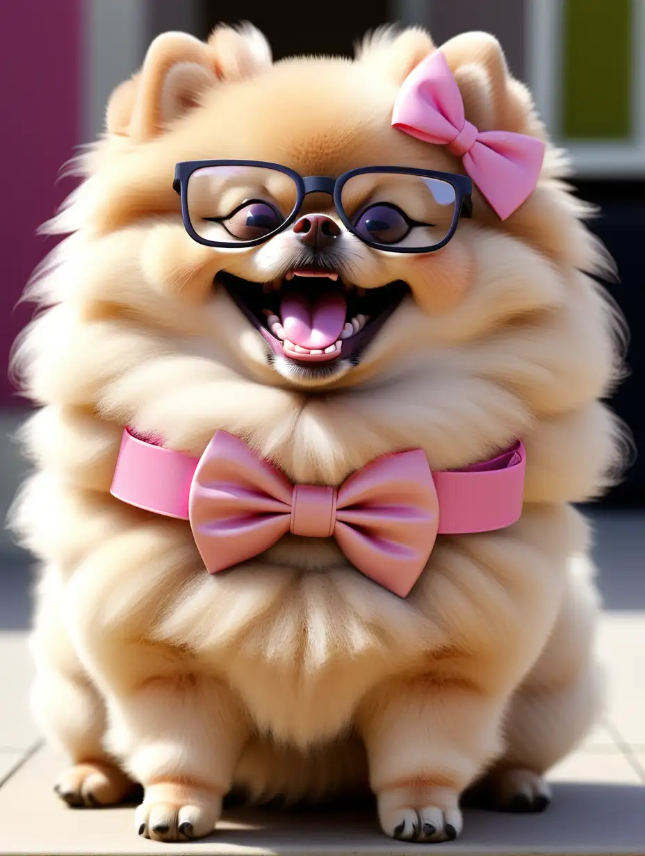Adorable Smiling Pomeranian Dog with Pink Bowtie and Glasses