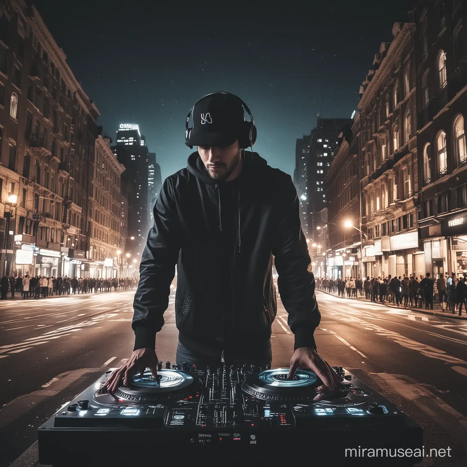 Vibrant City Nightlife DJ Spinning Beats Amid Urban Lights
