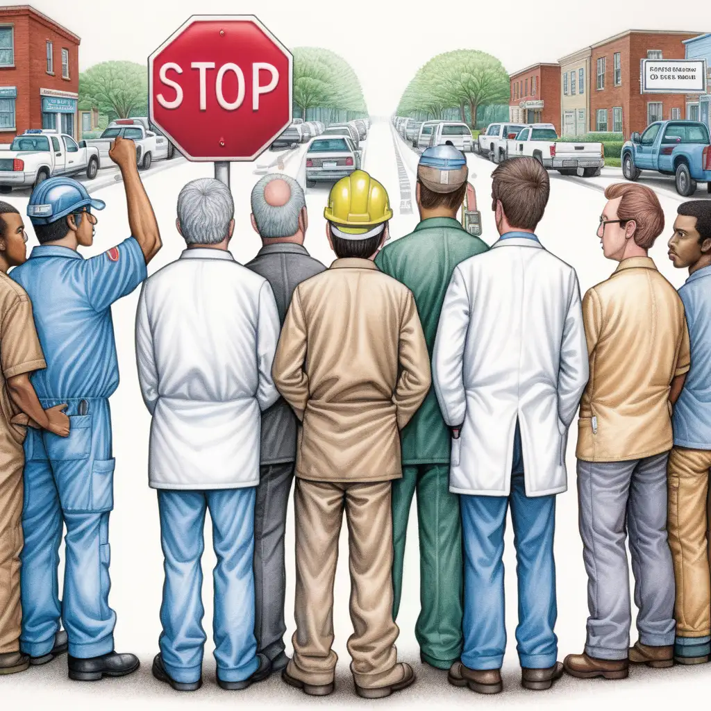 Create an image of workers and doctors from the back. They must stand in line and look at a stop sign in front of them. The image must be in the style of Matt Wuerker. 