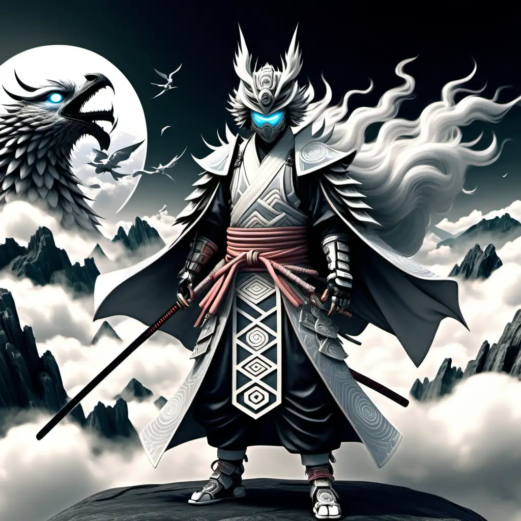 Cyberpunk Samurai Ninja Boss in Elemental Wind Kimono atop Mountain