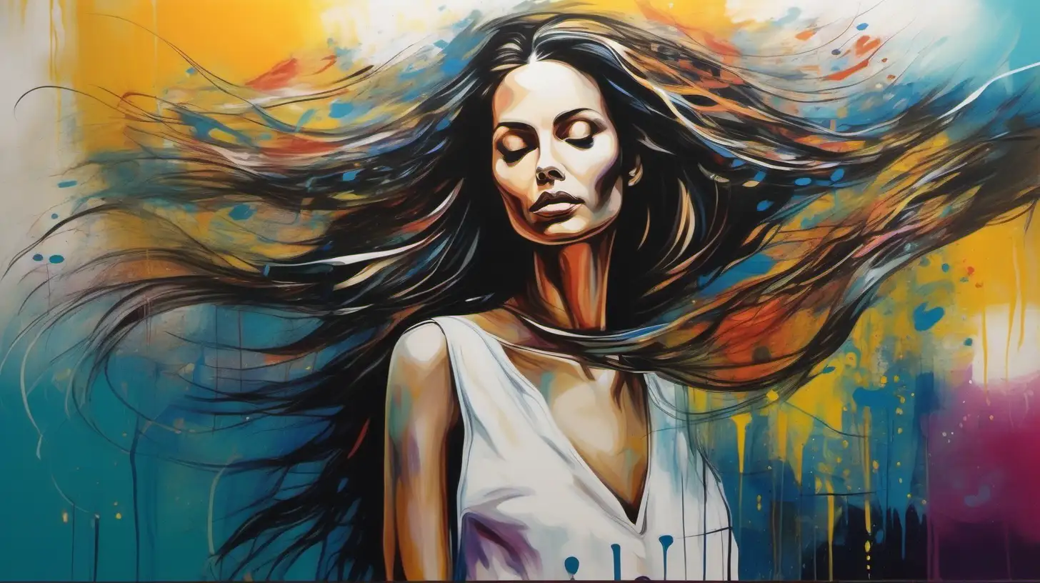For a wall art piece showcasing Contemporary Art, imagine a woman standing gracefully. She is wearing a loose, flowing top that embodies a sense of freedom and ease. Her long hair cascades down her back in gentle waves, adding to her elegant demeanor. The background is abstract, with splashes of vibrant colors that create a lively yet harmonious backdrop. The overall mood of the piece is serene and modern, reflecting the essence of contemporary art with its blend of realism and abstract elements. The woman's expression is thoughtful and introspective, inviting viewers to ponder the deeper meanings behind the artwork