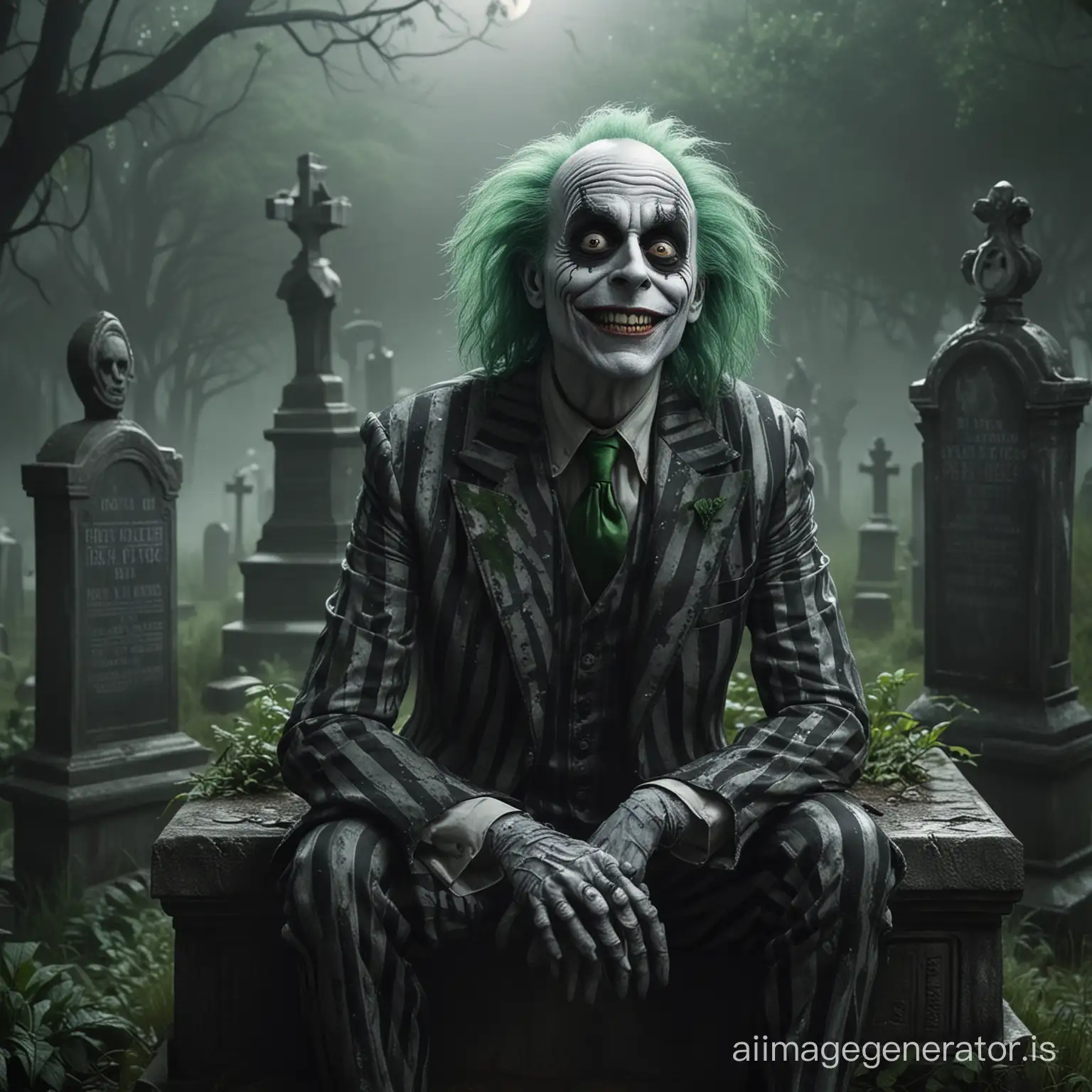 Beetlejuice sitting on an ornate tombstone in a fog-filled graveyard, featuring his iconic black and white striped suit and disheveled green hair. His face is twisted into a sinister smile, eyes gleaming with mischief. The graveyard around him is dense with overgrown vegetation and ancient, crumbling tombstones under a dim, ghostly light. This image captures a chilling yet whimsically macabre atmosphere, reflecting Beetlejuice's dark humor. The artwork is rendered in a gothic style, with heavy shadows and sharp contrasts, using digital art to enhance the eerie and fantastical elements. --ar 16:9 --v5