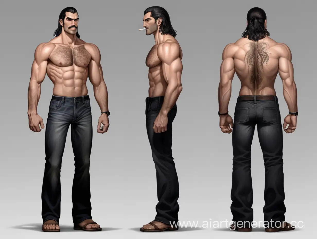 A tall man with a muscular build, broad shoulders and unkempt black hair long below the shoulders. He refuses to cut his hair short. He is 30 years old. Height 6 ft 3 in (190 cm). There are several old scars on his body. He has a little facial hair. The look is tired. The eye color is black. Bad habit: Smoking. He is wearing a dark T-shirt and black trousers.
