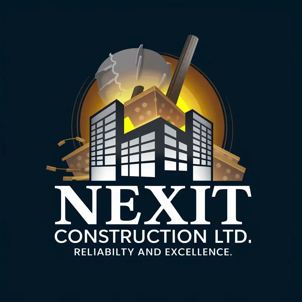 logo, abstract buildings with wrecking ball in background, with the text "Nexit Construction Ltd.
Reliability and Excellence", typography, be used in Construction industry