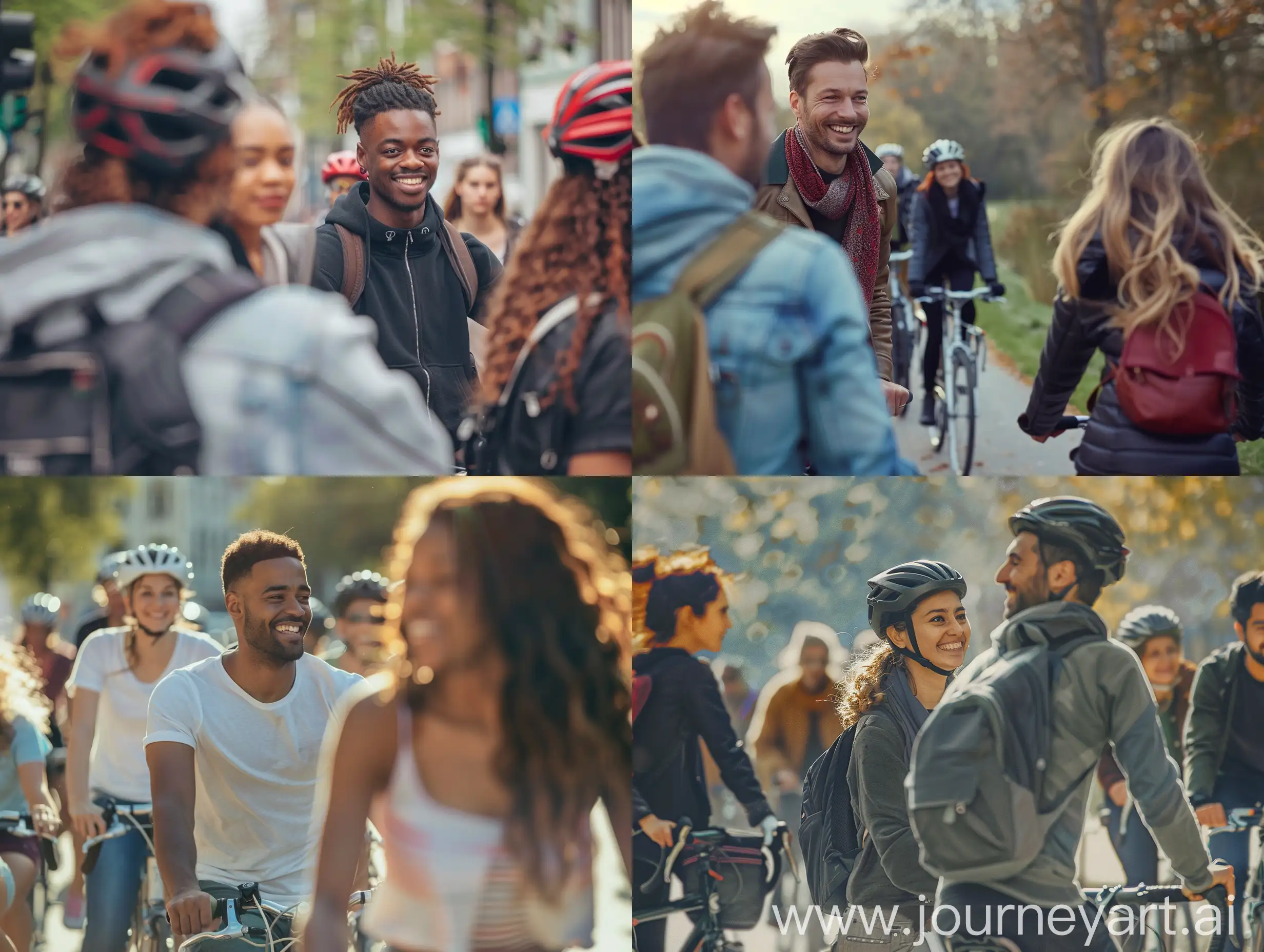 A group of cyclists pass by women, and a man smiles at her
