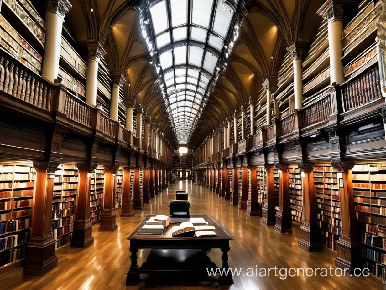 a large library, in the middle of the library there is a spacious space, on the floor of which there is a huge book