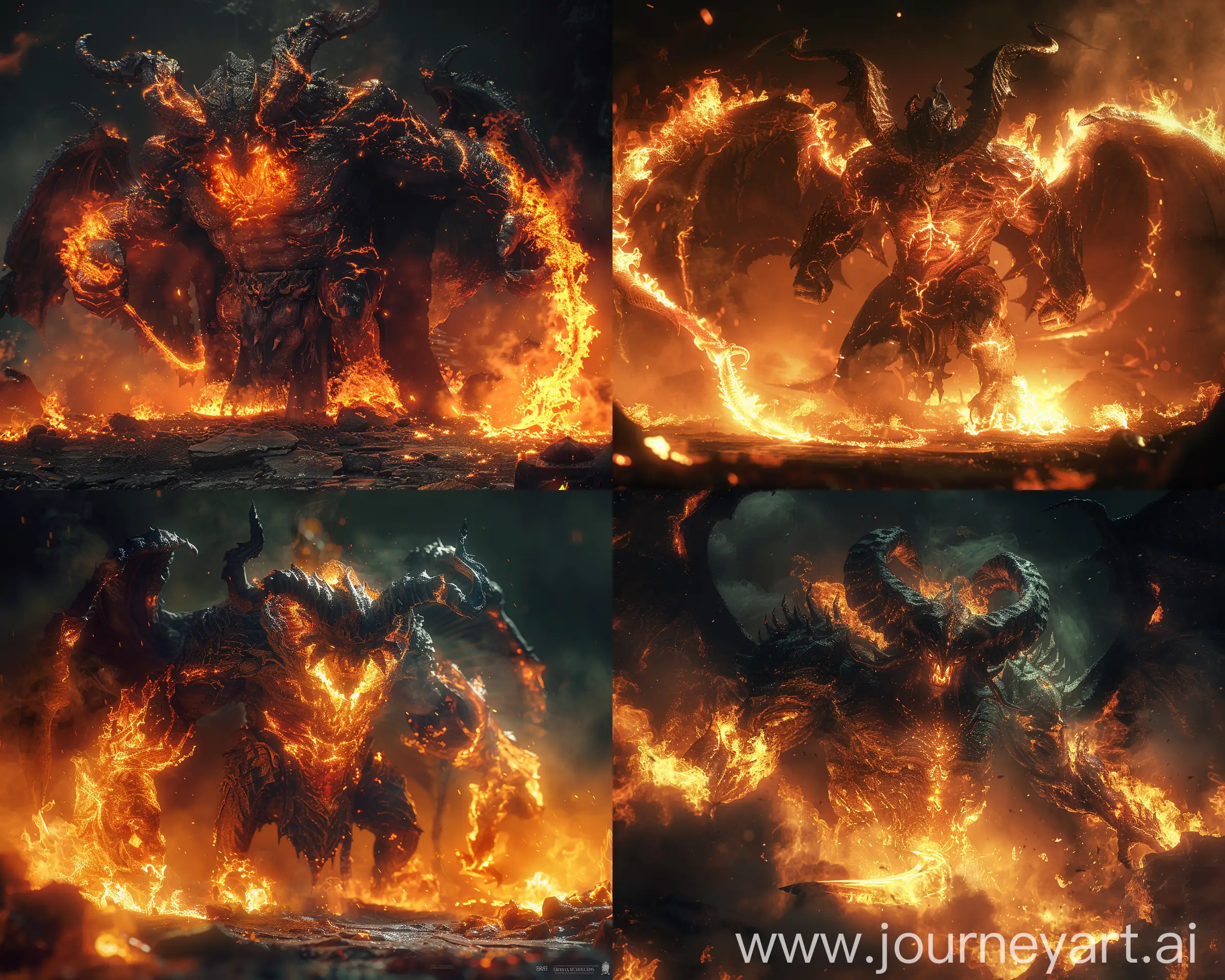 Epic cinematic 64K shot of fuming and burning Balrog, fascinating dark colour scheme, dramatic lighting, horned huge (Balrog made entirely out of shadows and flames2.6), flames wrapped around Balrogs body, burning Balrog, whispy smoke tendrils with gigantic black gargoyle wings, holding a fiery whip, dark fantasy concept art, intimidating, magic, concept art by John How, Alan Lee and Ben Wootten, Alberto Seveso, lighting by Russ Mills, HDR, sharp focus, in the style of the Peter Jackson Lord of the Rings movie trilogy, rough outlines, blurred body shape --ar 5:4 --stylise 750