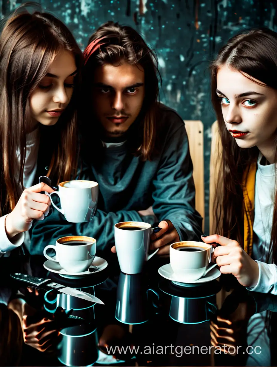 Две девушки сидят за столиком пьют кофе из стаканчиков, и парень с ножом