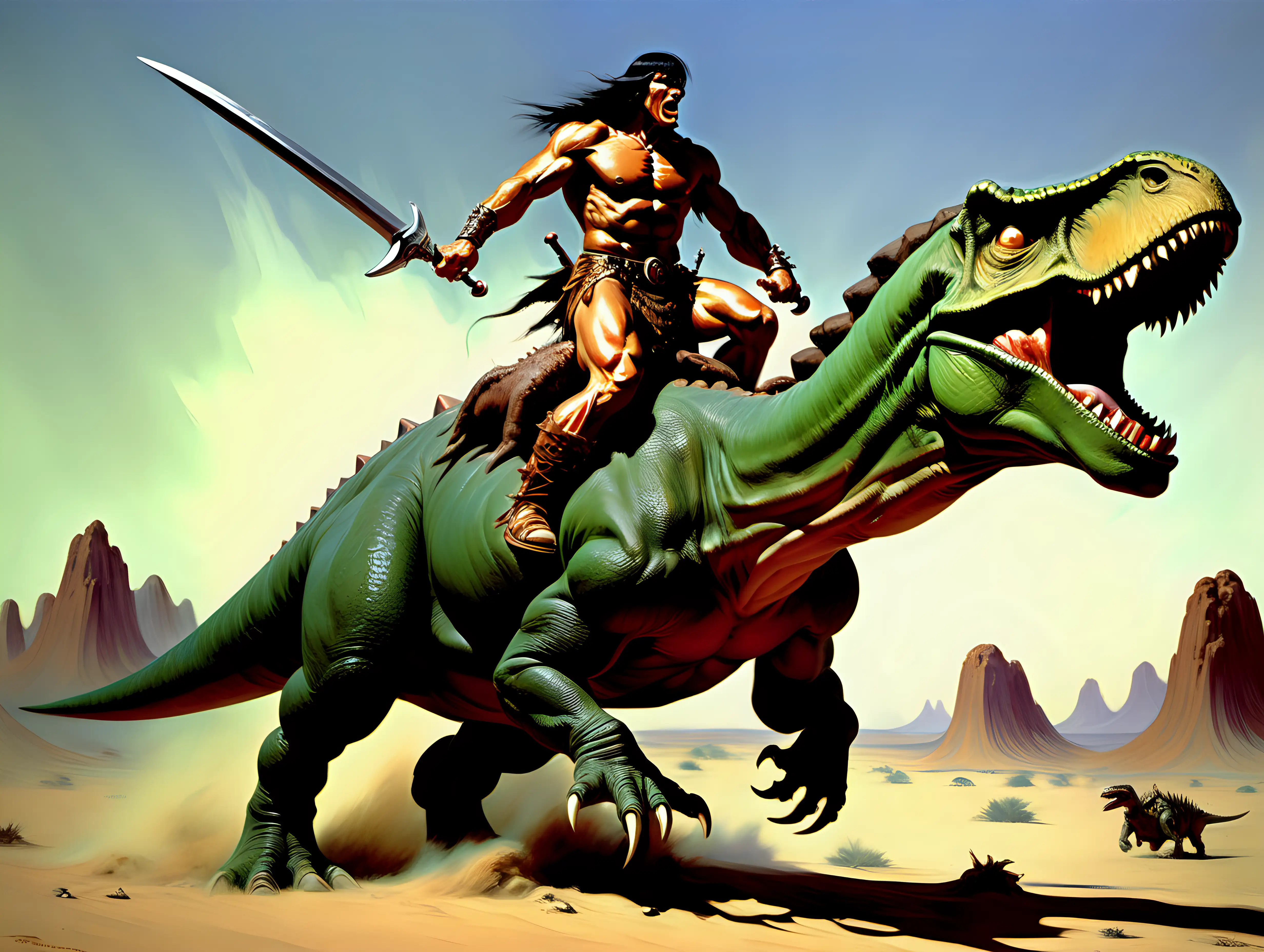 conan the barbarian riding a dinosaur in the desert Frank Frazetta style