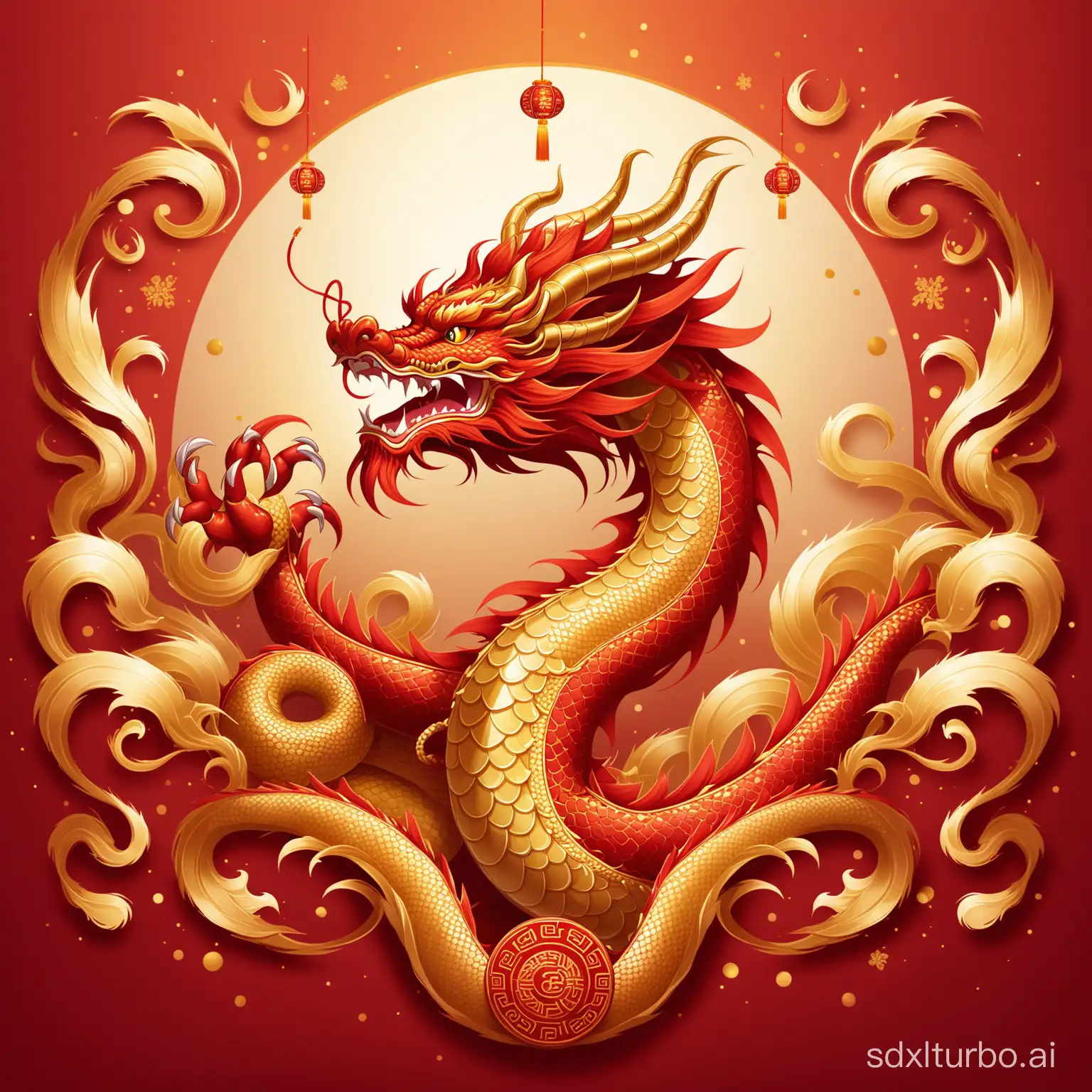 Chinese dragon, red background, traditional elements decoration, wide composition, bright and soft lighting, rich details, friendly gaze, dragon's claws forming a V shape, festive colors, joyful atmosphere