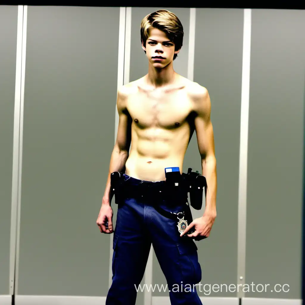 Cute twink colin ford, shirtless, police uniforme, arrestad handcuffed, in full body