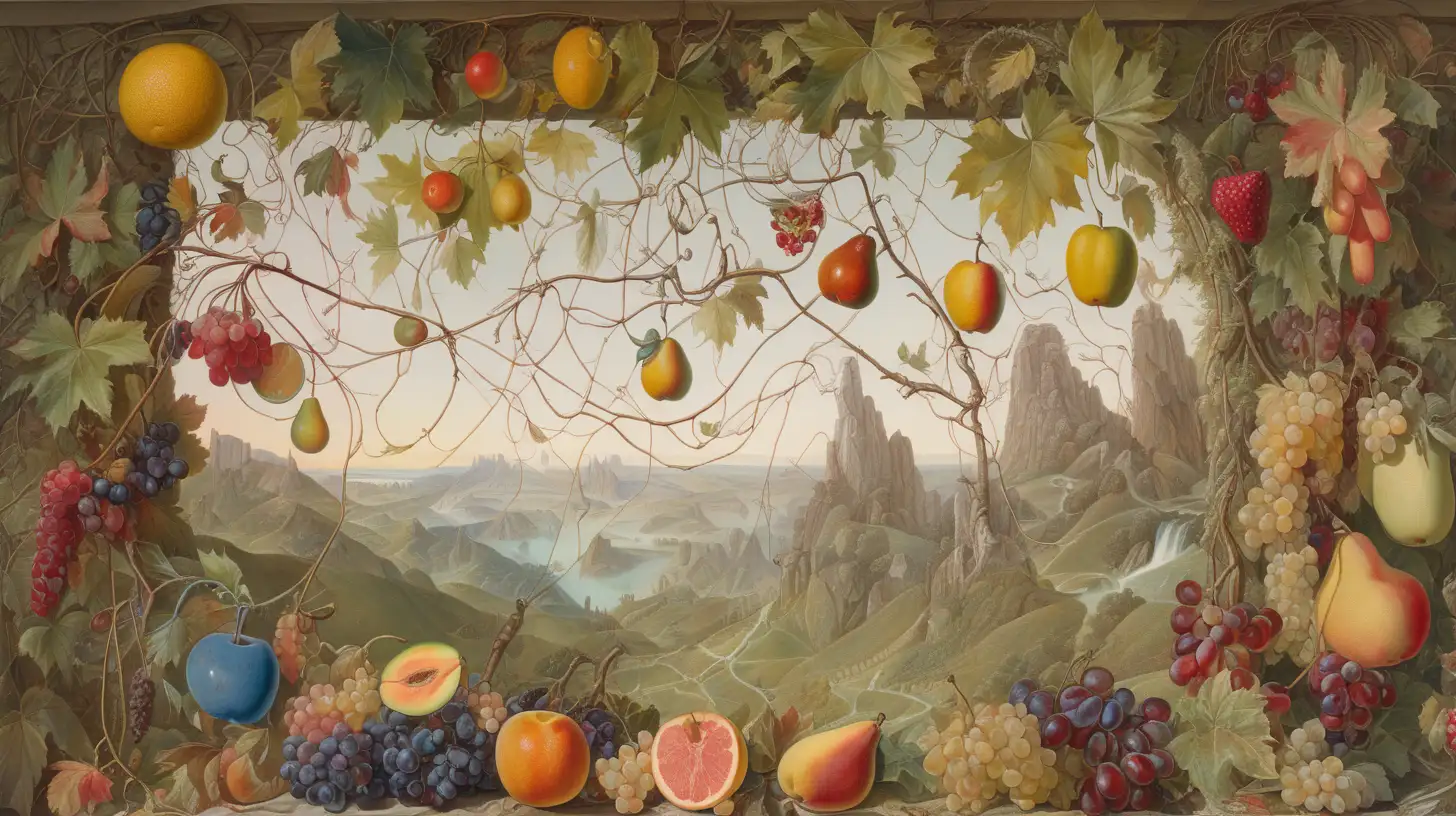 electric colors, cartographic, by Richard dadd, by greg rutkowski, hanging vines, by david mann, scroll painting, third person, dramatic, fruit