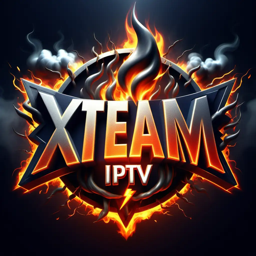 Dynamic profesjonalne logo napis, "XTEAM_IPTV", logo with strong lightning, fire and smoke, exuding energy and intensity.