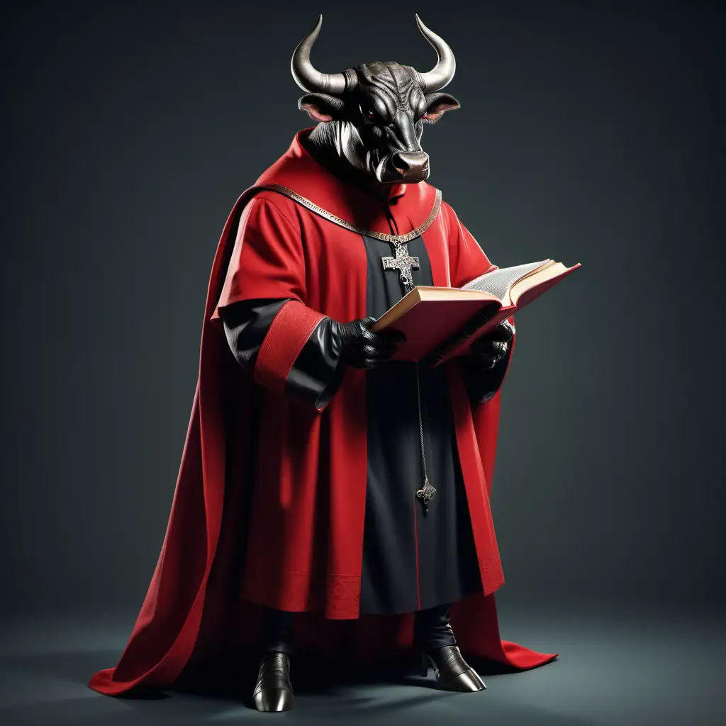 реалистичная злой бык инквизитор мужского пола две ноги в красной рясе с книгой в лапах в полный рост