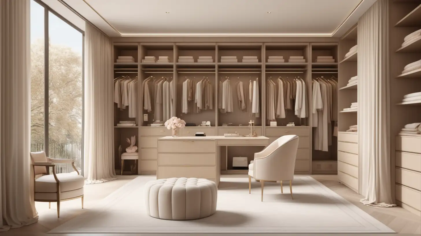 Hyperrealistic image of a modern Parisian estate home feminine walk-in closet; Island with vanity and chair; floor to ceiling windows with curtains beige, light oak, brass, ivory colour palette