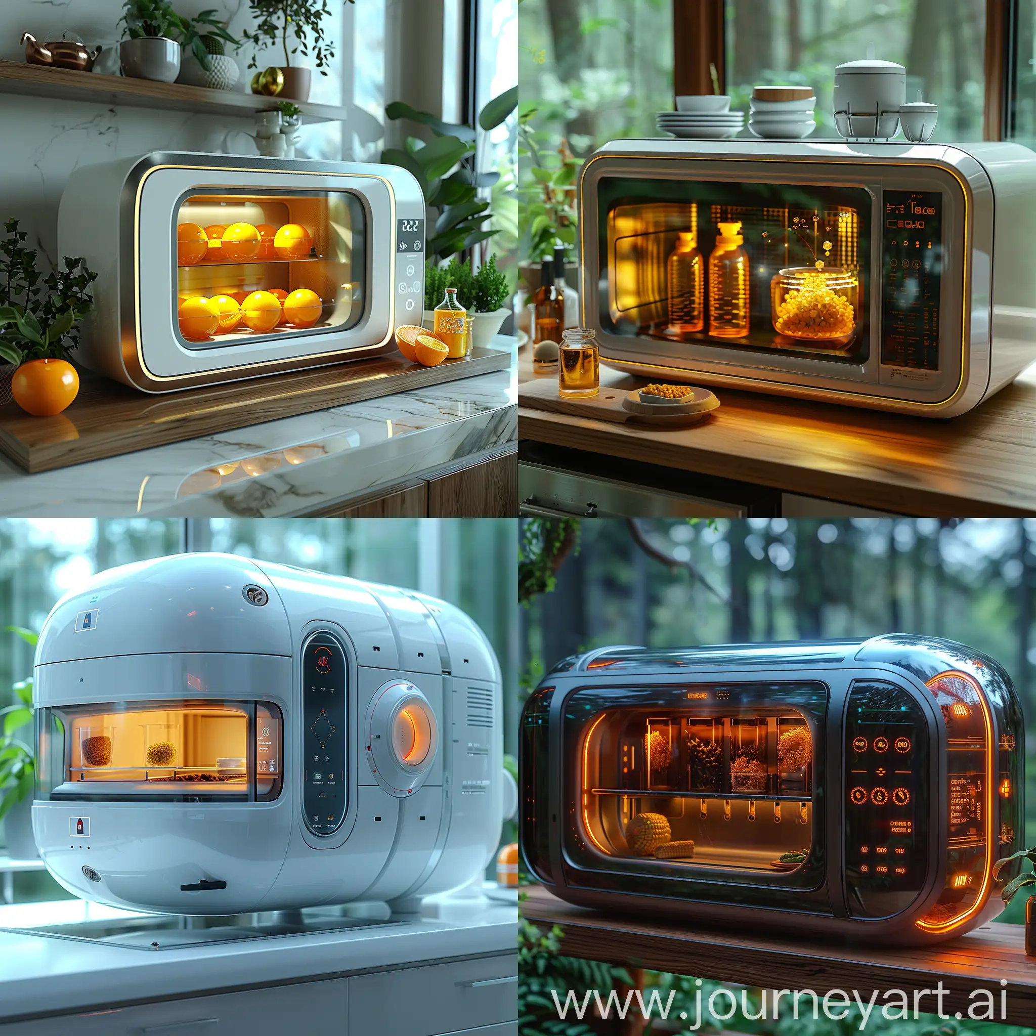 Futuristic microwave, molecular reconstruction, nutrient preservation, waste reduction, voice and AI integration, self-cleaning, octane render --stylize 1000