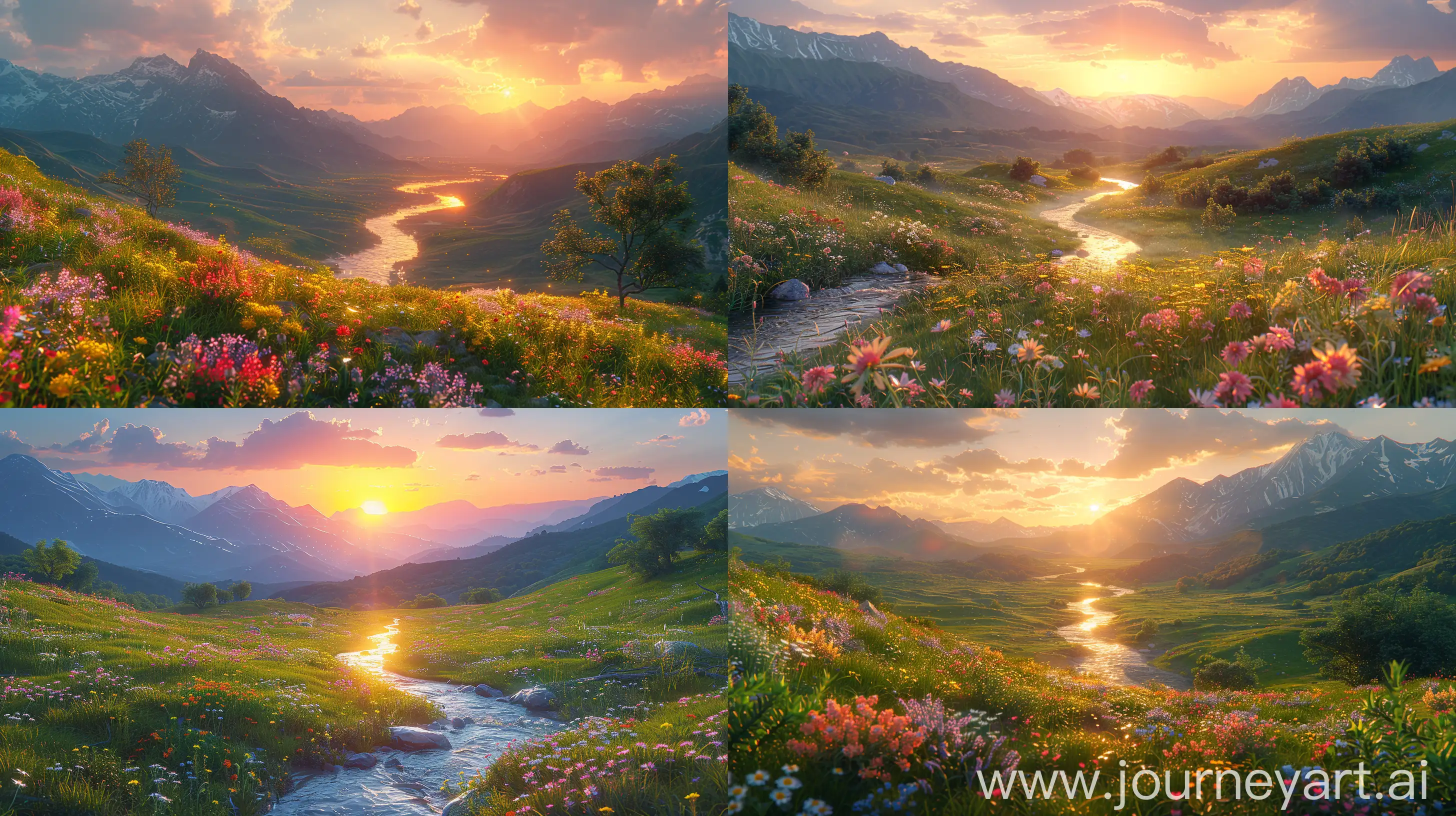 hyper-realistic landscape, breathtaking sunset over lush green rolling hills, vibrant wildflowers, crystal-clear winding river, majestic mountains backdrop, ultra-detailed textures, soft natural light, 8k resolution, dynamic range, serene atmosphere --ar 16:9 --s 700 --v 6