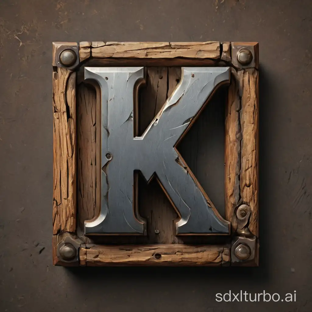 Icon design of the English letter 'K', wood mixed with metal texture, frontal, three-dimensional,