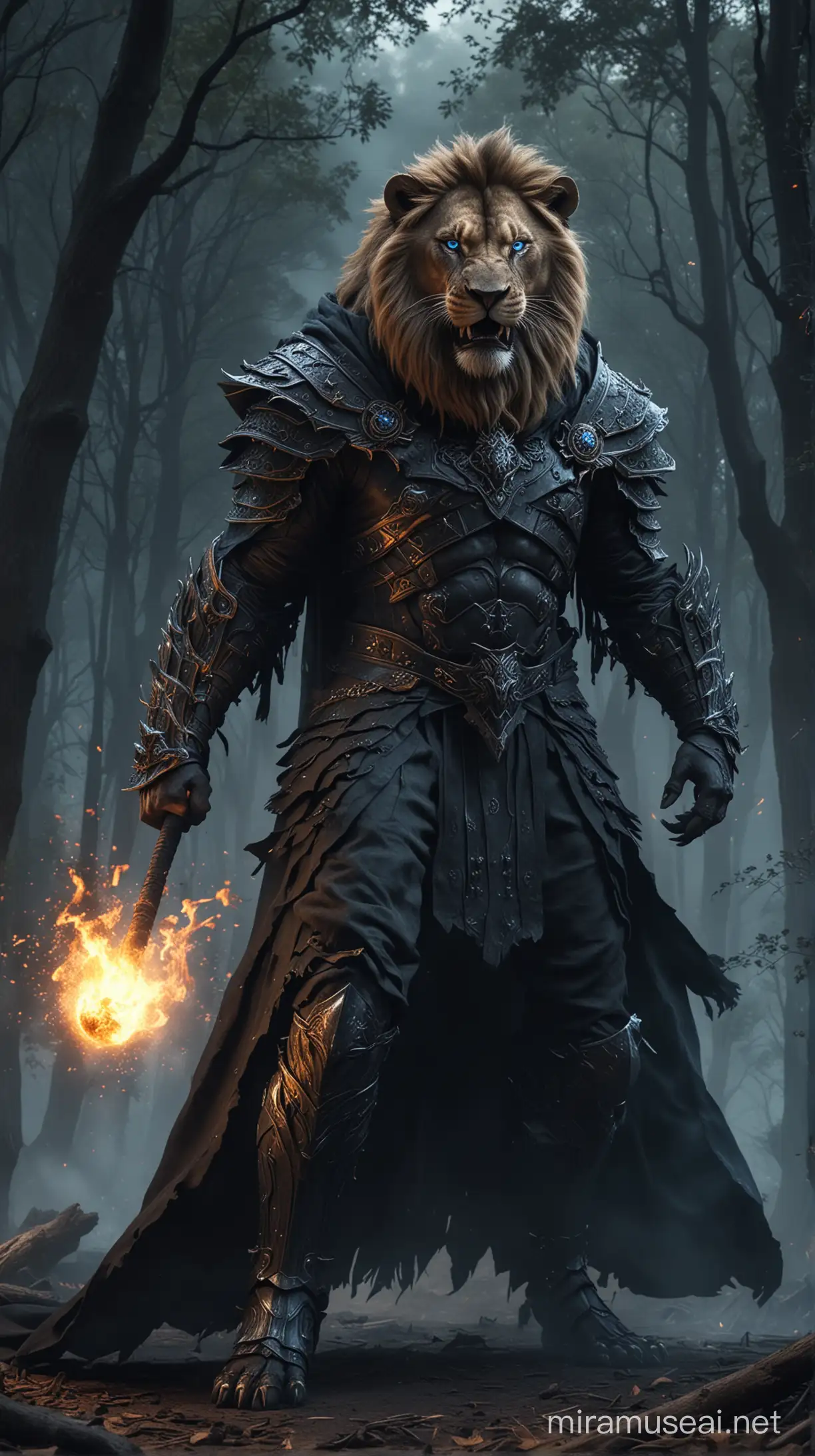 fictional figure of a human lion, blazing blue eyes, sharp fangs, wearing a black battle robe, epic design, detailed, complicated and elegant, burning on fire, dashing, strong, scary, sturdy legs, sharp claws, standing between trees lush,forest background.full moon night,smoke effect covering,mystical,strong anigmatic style,opening his mouth,highest definition hyperrealistic.
