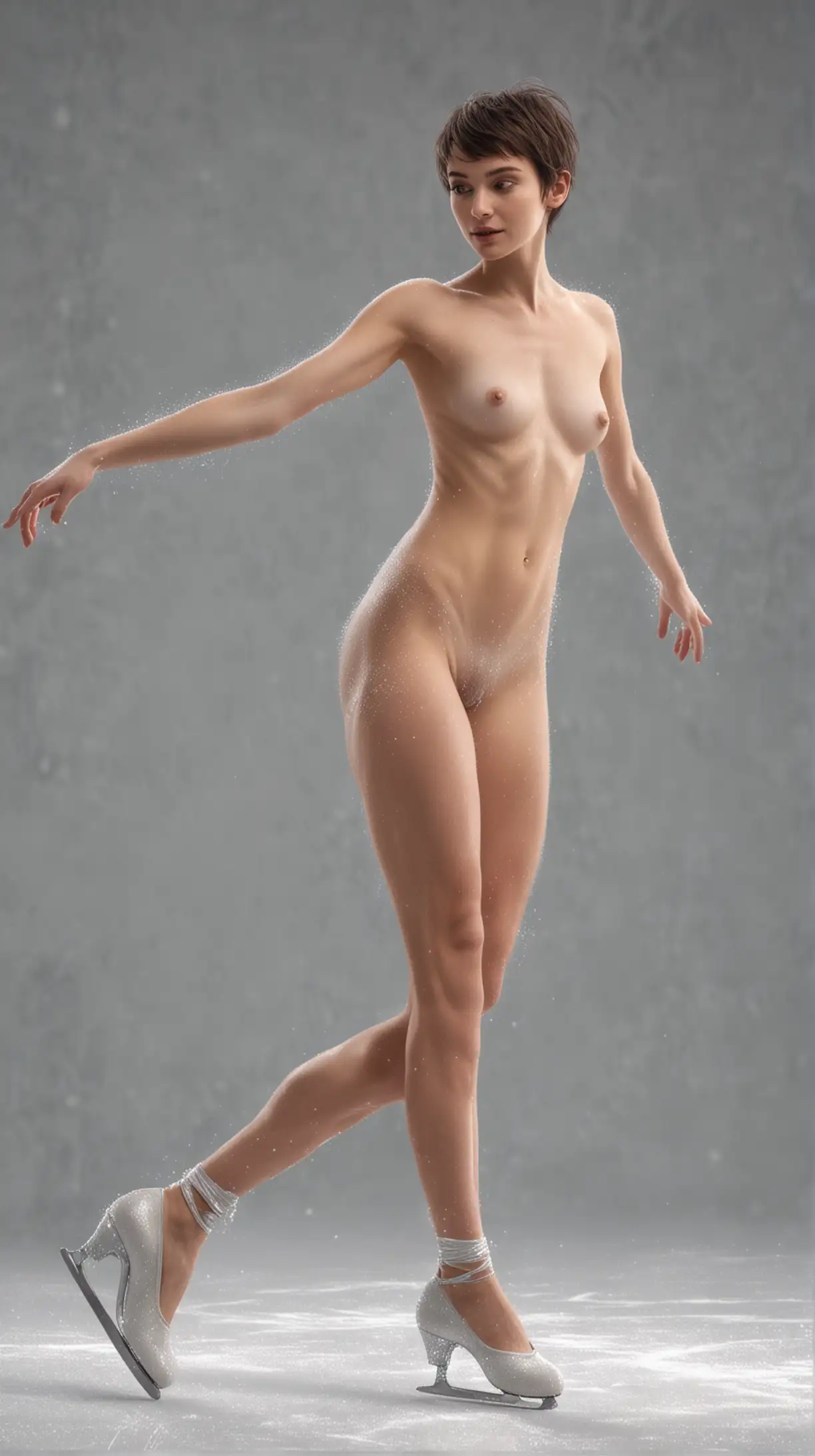 hyperrealistic image, maximum details:
short haired naked beautiful young skinny girl doing dance moves while she is ice skating