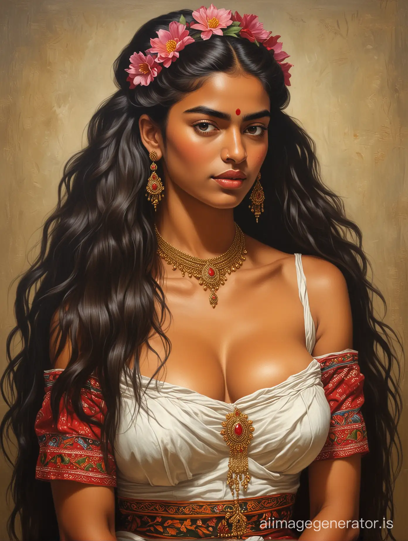 Kahlo oil painting of a very busty skinny Tamil princess with long flowing hair 