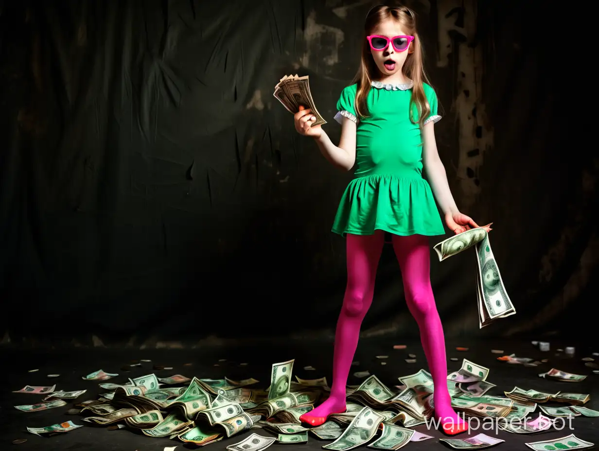 girl 12 years old in a green dress shift in pink tights in dark glasses counting money horror