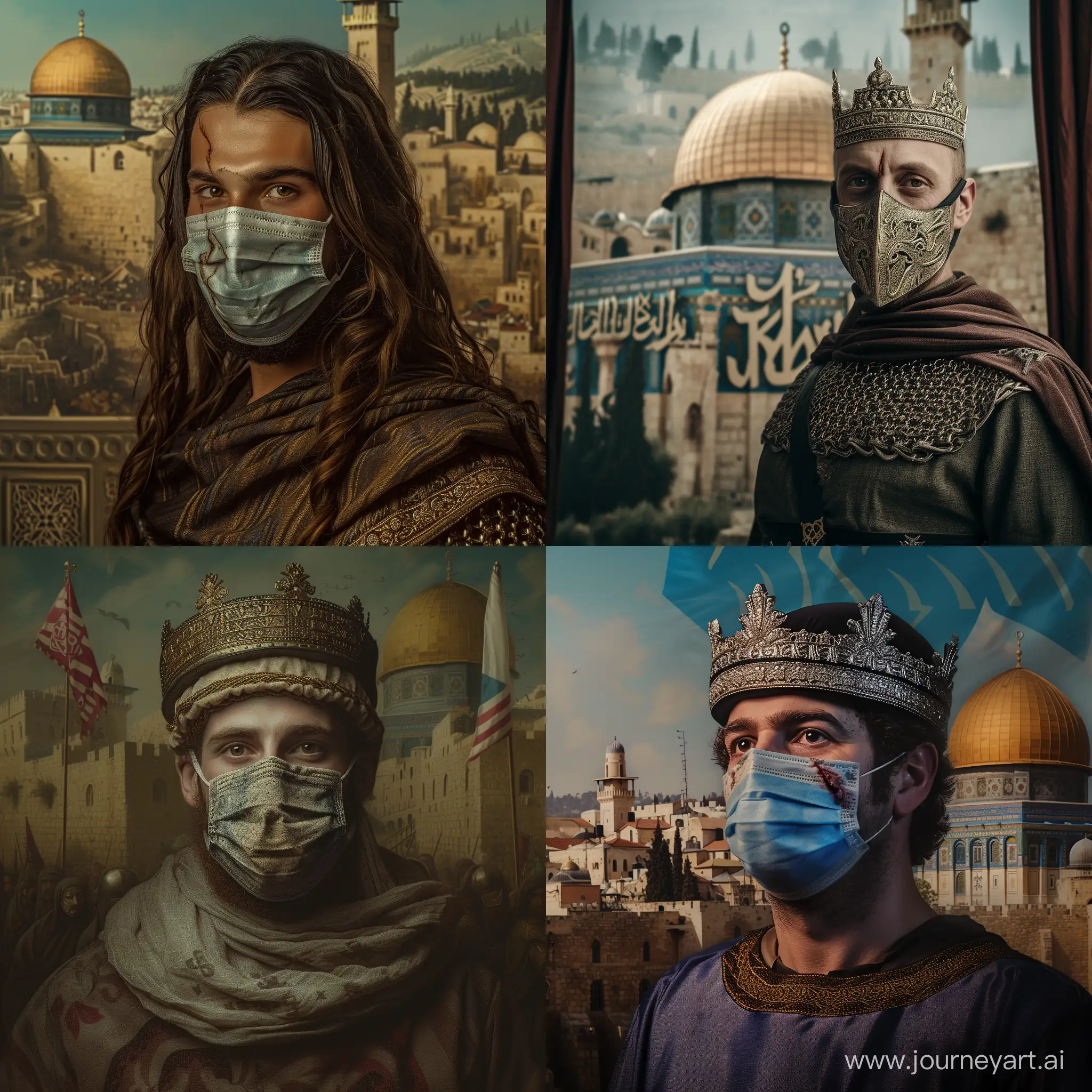 King Baldwin IV of Jerusalem portrait. He is wearing his iconical mask to hide his wounded face. Jerusalem themed background. Realistic image.