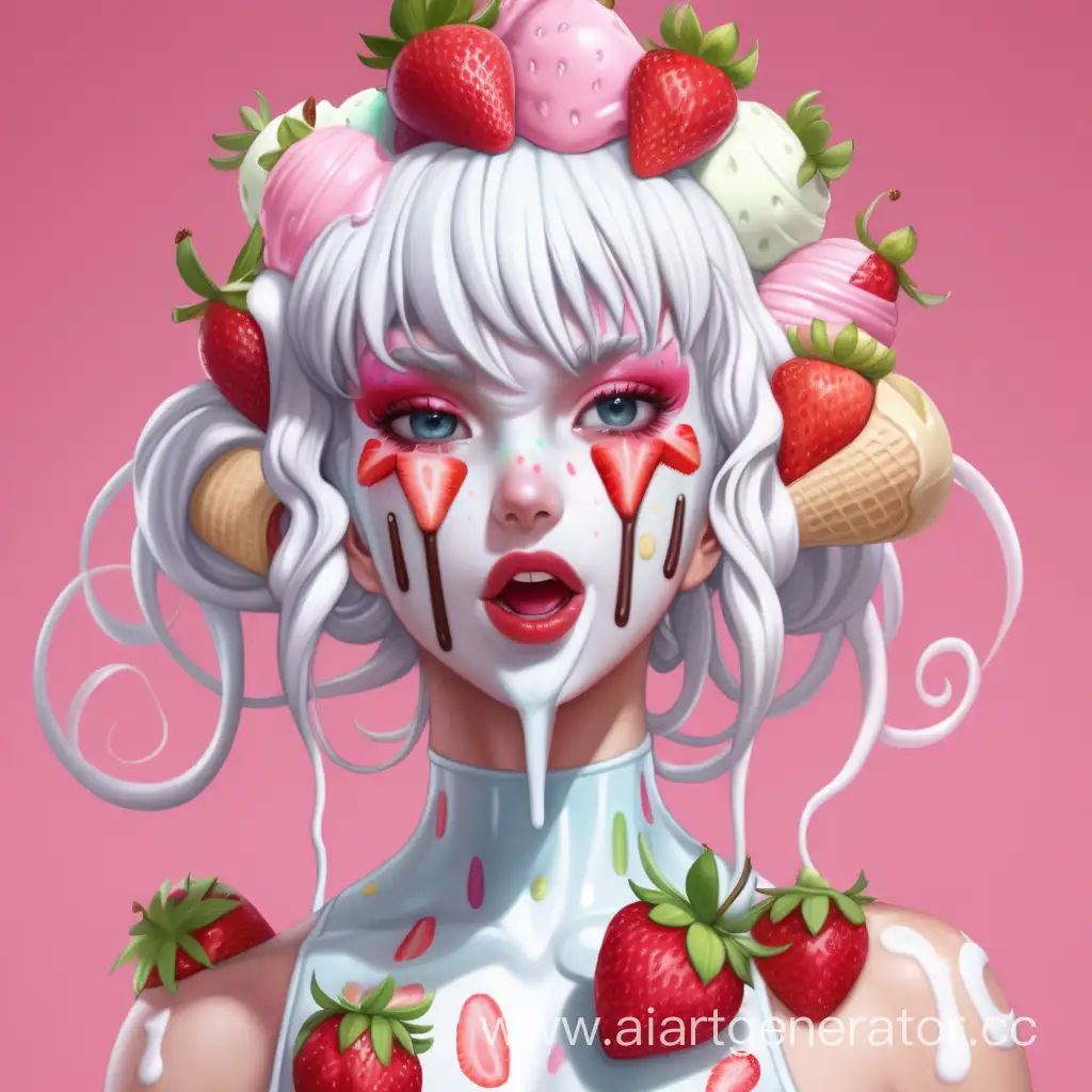 Хуманизация мороженного в латексную девушку с белой латексной кожей с прической из клубники и фруктов 