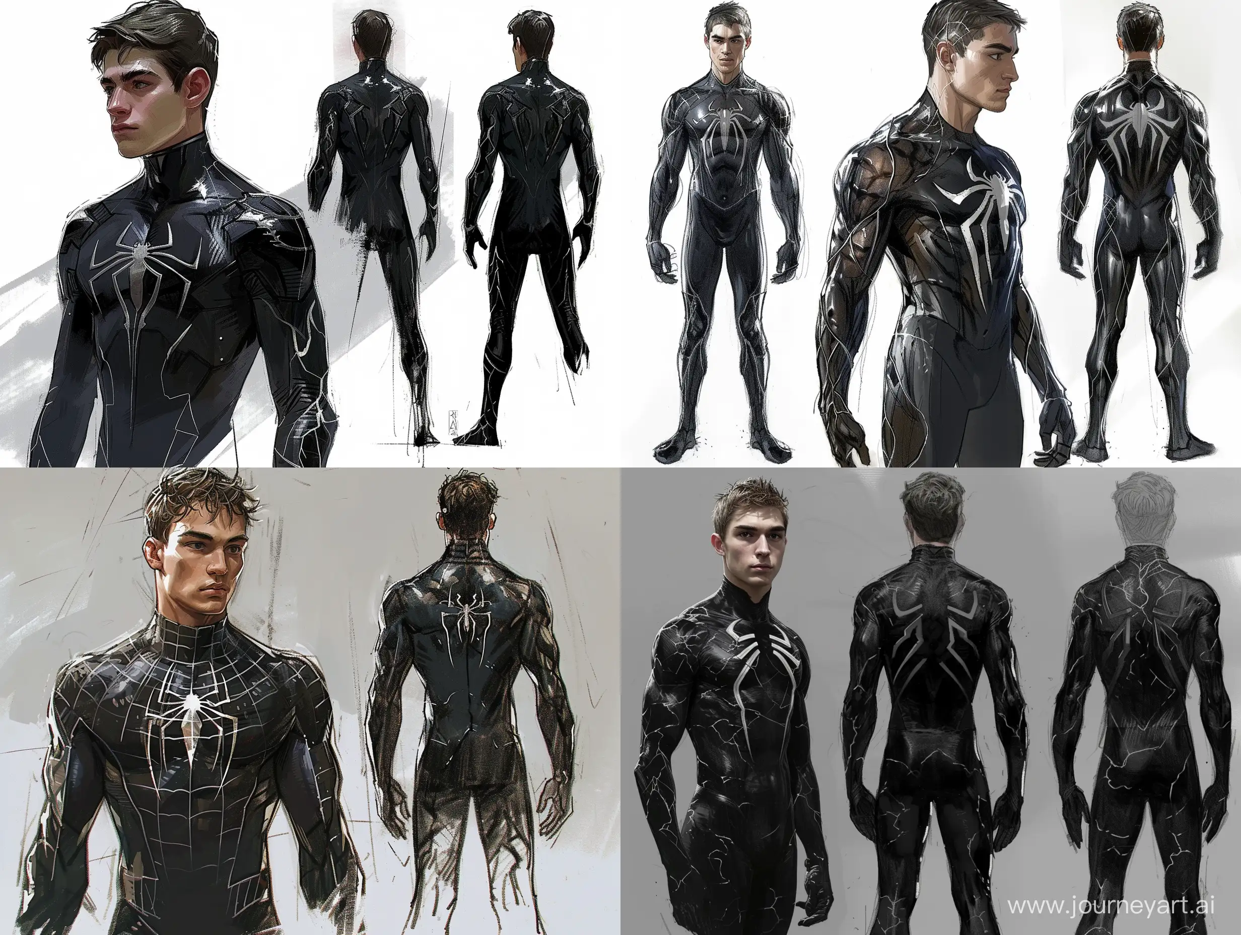 Brenton Thwaites Front back side view concept drawing work Spider Man 3 black symbiote costume Concept Drawing Brenton Thwaites face, Brenton Thwaites