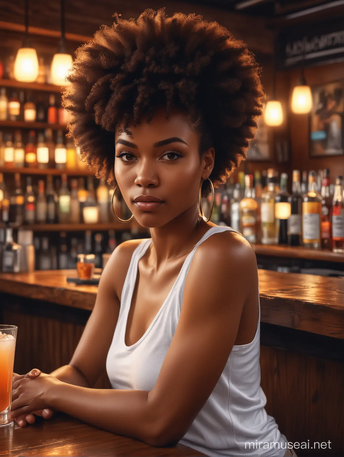 digital artwork featuring a portrait of an Afro-American woman with a beautiful updo, wearing a white tank top, She is sitting at a bar having a cocktail, with soft lighting ambiance creating a cozy, intimate, and relaxed atmosphere, with a vibrant wet ink and photo realistic style.