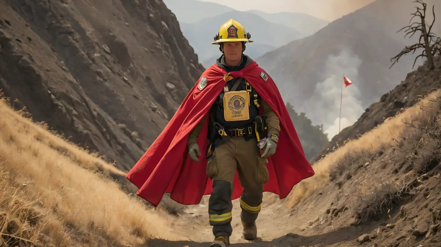 CAL FIRE Firefighter is wearing a CAL FIRE badged cape with a map and California flag in hand climbing a burning mountain 