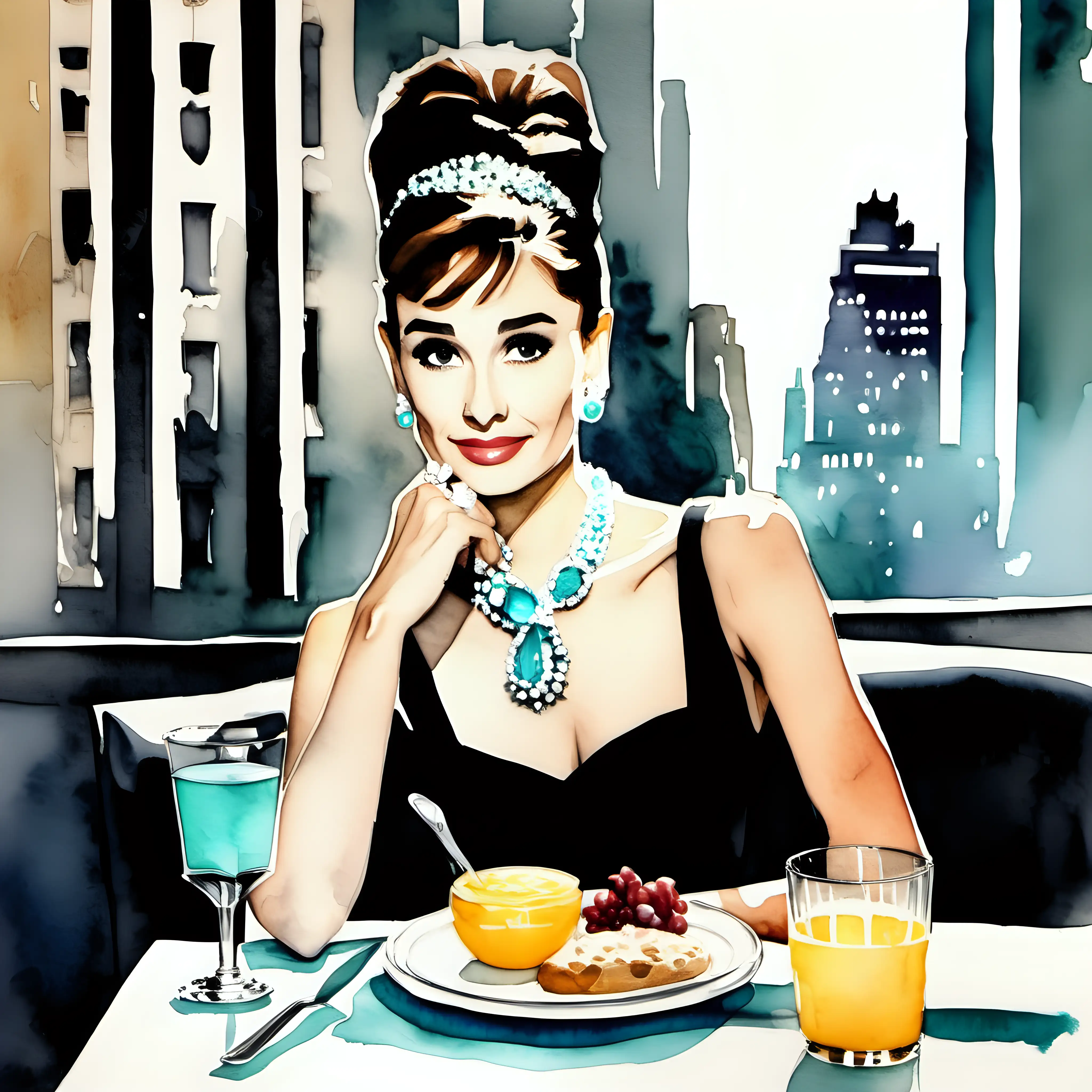 Elegant Watercolor Scene Breakfast at Tiffany with a Touch of Class