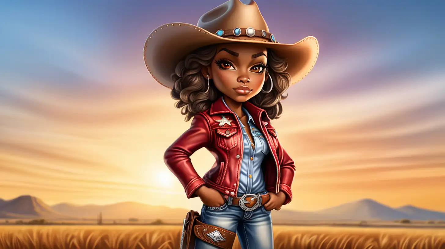 Create a realistic, beautiful, chibi style, airbrushed illustration of a stunning curvy
African American cowgirl with luxurious flowing hair, wearing a
classic cowgirl outfit including a wide-brimmed hat, a red
fringed leather jacket, and denim jeans. She stands confidently
in an open field at sunset, with the warm glow of the sun
highlighting her features and casting long shadows on the
ground. Her expression is one of determination and strength,
capturing the essence of a modern cowgirl. The background
should feature a vast, open landscape with distant mountains
and a clear, vivid sky in a heavily HDR style. The image should
have the quality of 300 dpi


