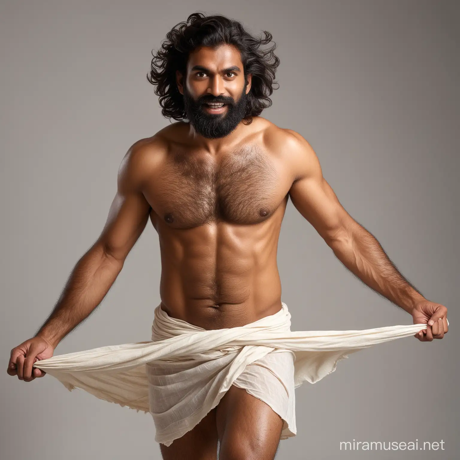 Indian hairy man with fluttering loincloth