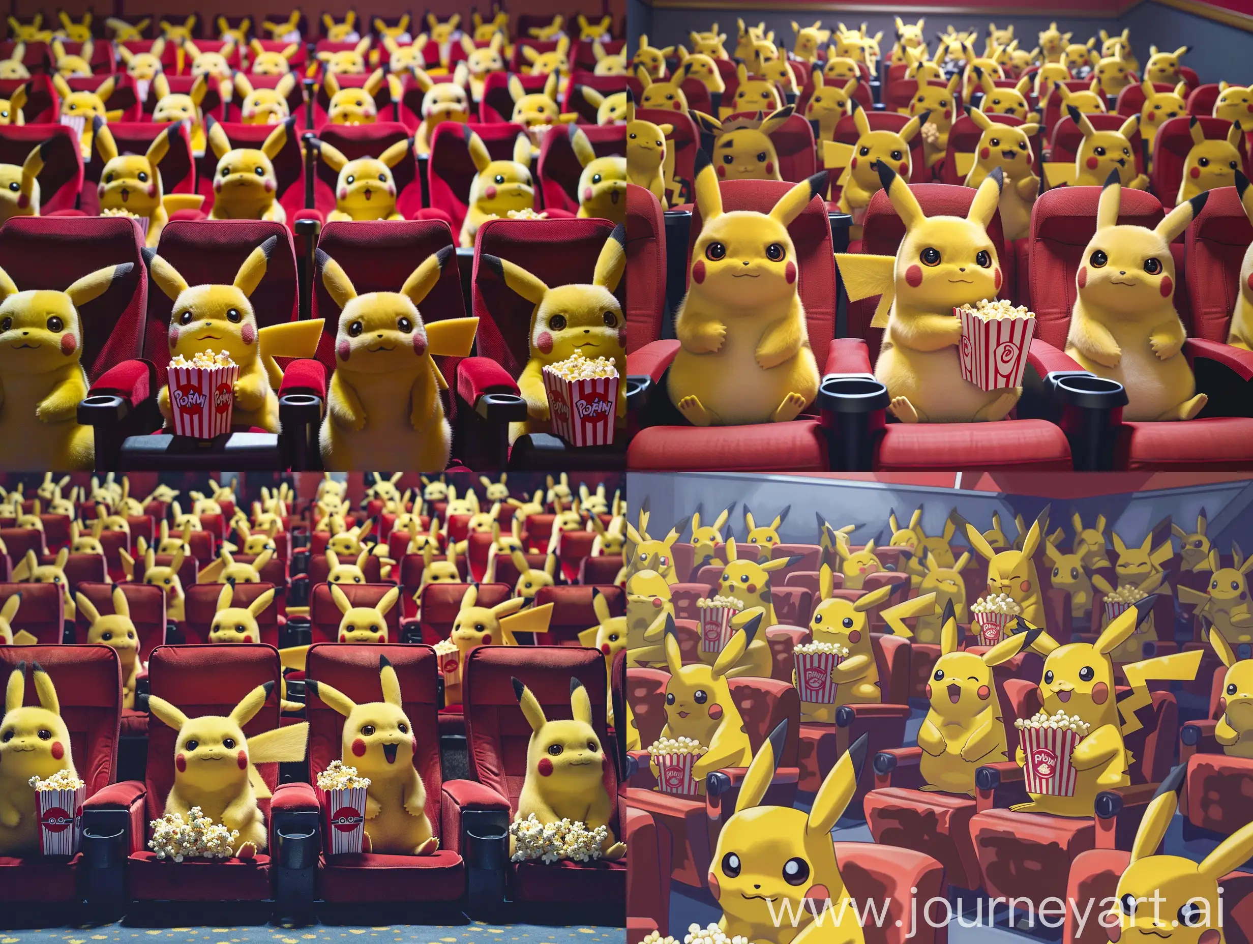 A multitude of Pikachus sitting in a movie theater watching a film, holding popcorn
