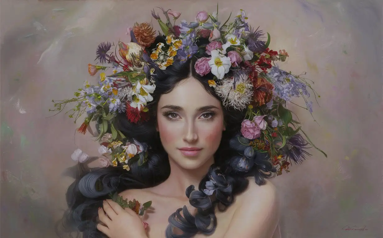 Iranian Woman Holding Colorful Flowers in Oil Painting