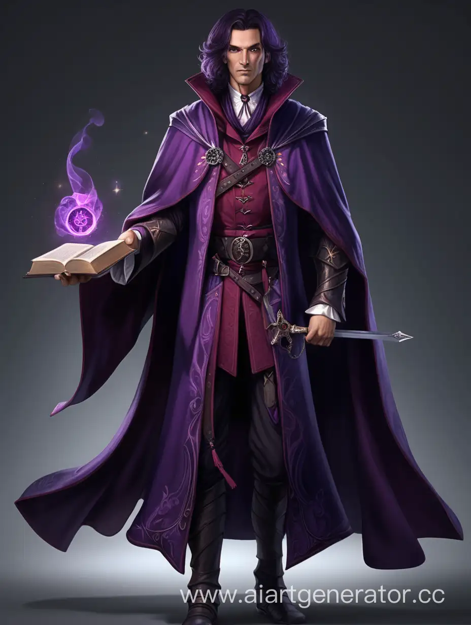 A magician in a dark, elegant count's robe with a cloak, looking at the camera with a look of self-confident arrogance. In his left hand he holds a rapier, extended towards the viewer, and in his right hand is a book of spells.  He stands straight with his legs attached   The face should be beautiful and young, it would also be cool to convey the same ruby ​​eyes as on my old character, or similar, but purple. The hair is black. That is, the attire should be luxurious, something medieval-fantasy
