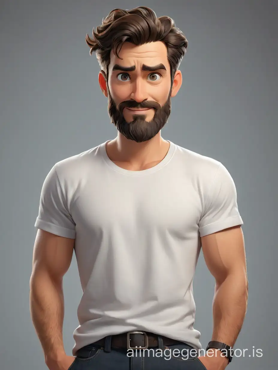 Friendly man in cartoon style, a mocking look, medium-length beard, dark short wavy hair hairstyles, Wearing a white T-shirt without inscriptions, dark jeans, half-body shot, maximum detail, best quality, HD, gorgeous light and shadow, detailed design, 3D quality
