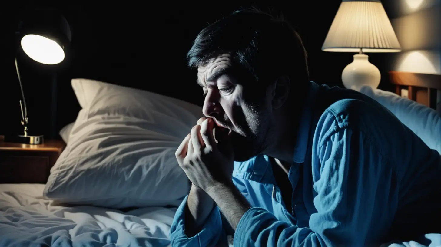 coughing man on bed at night