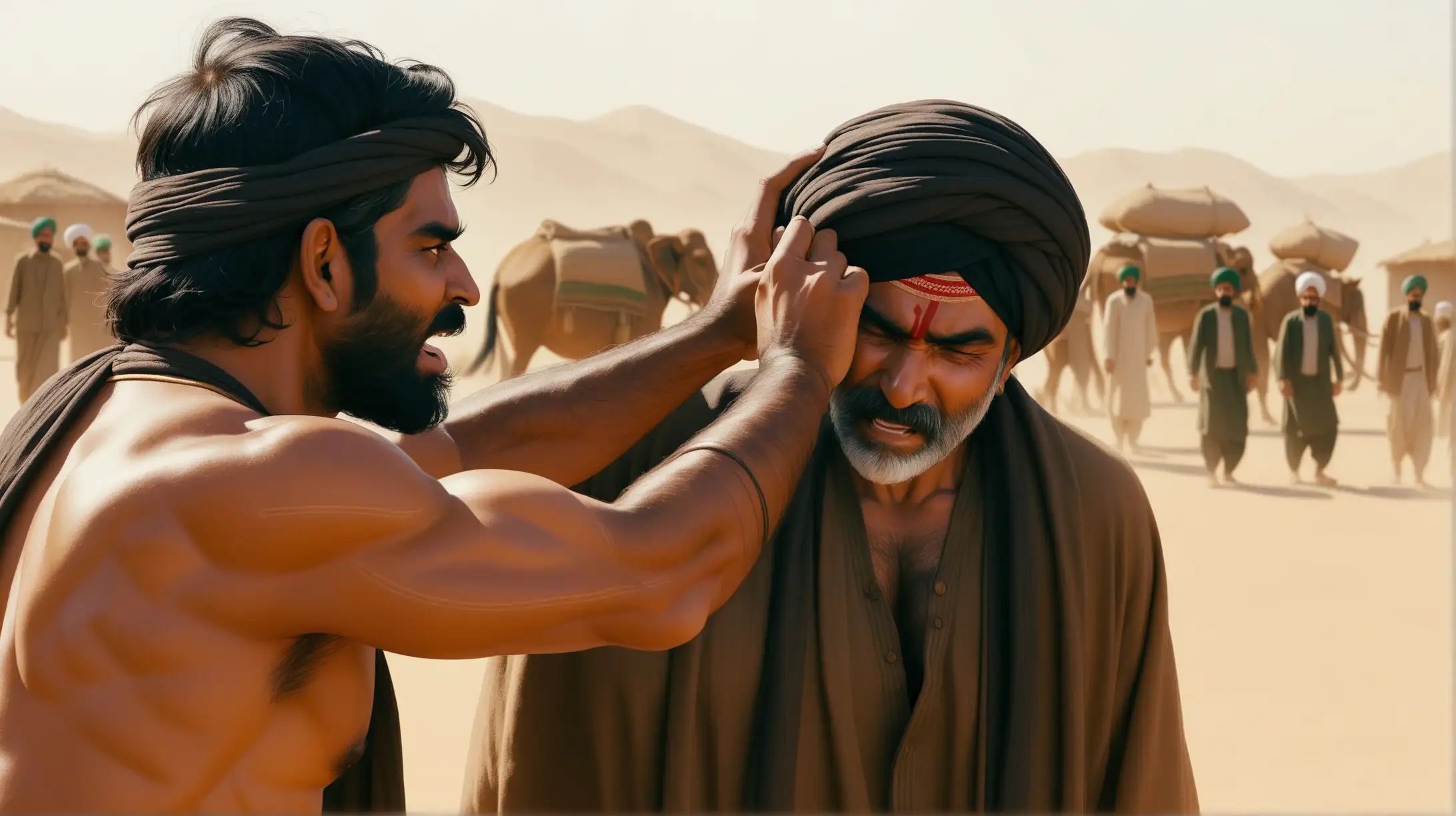 Cinematic Scene Tribal Iranian Man Slapping Indian Man