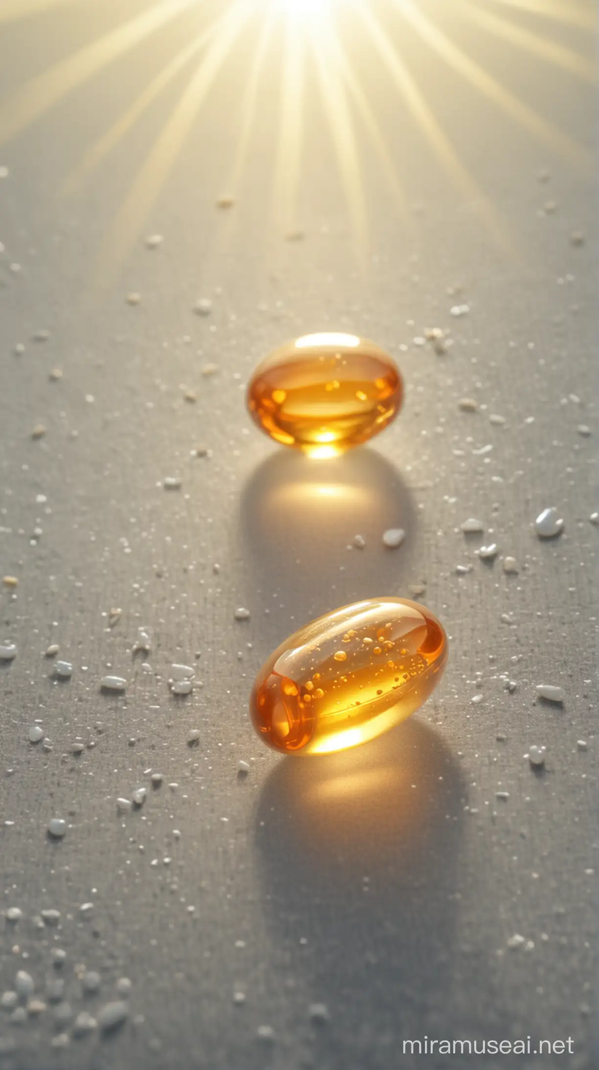 Vitamin D capsule, natural background, sun light effect, 4k, HDR, morning time weather