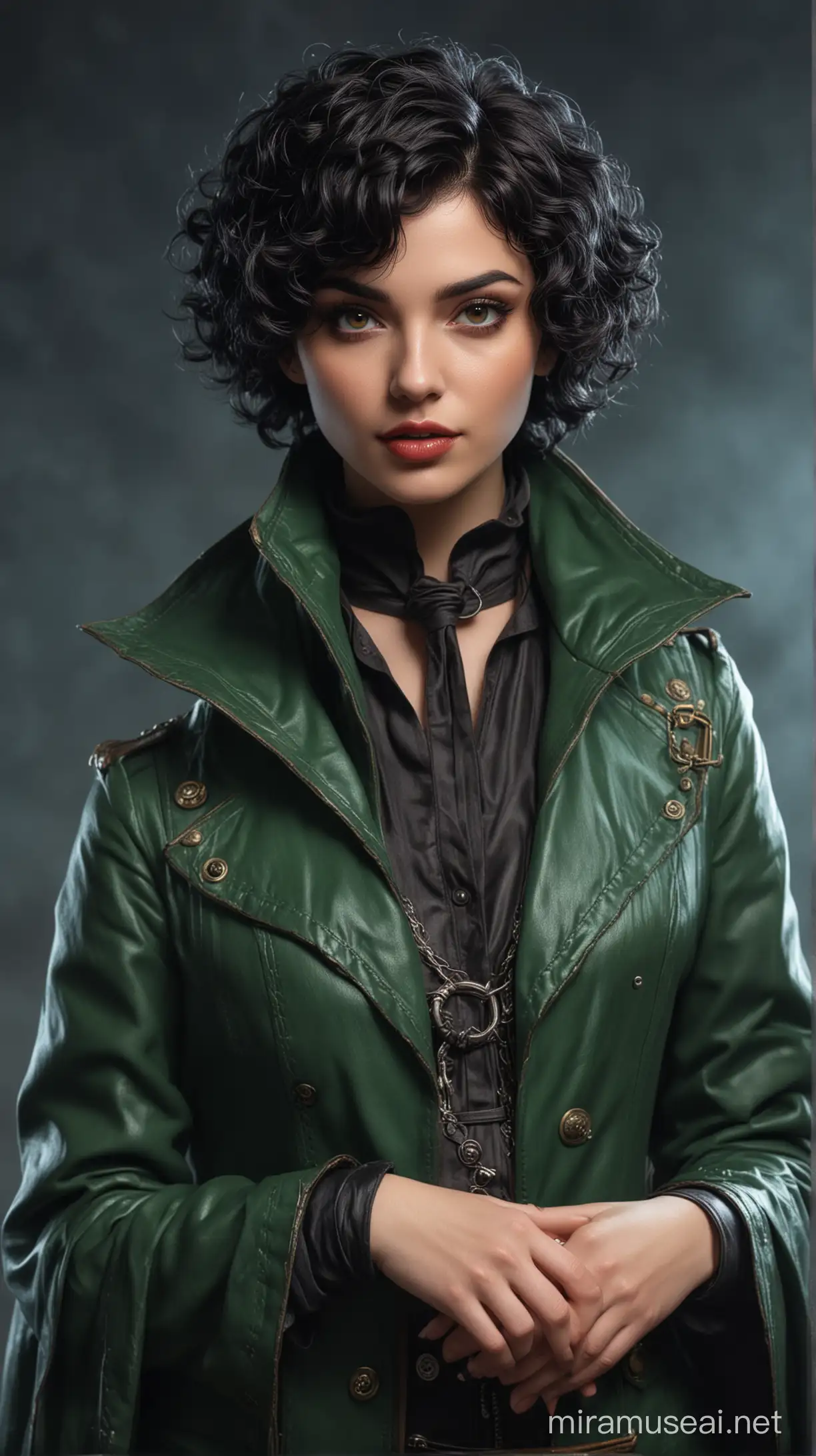 Enchanting Female Necromancer Wizard in Green Leather Coat