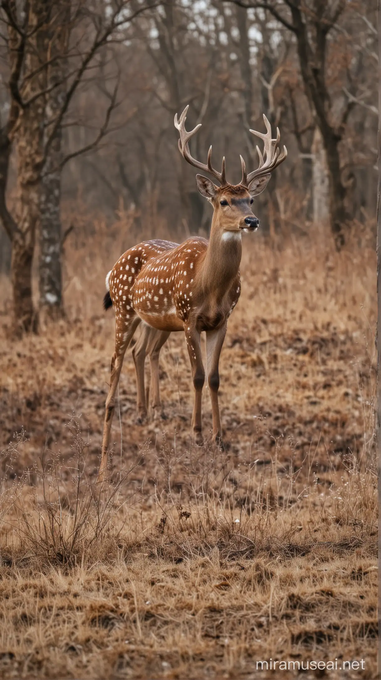 in one frame there are - a spotted deer with large horns, a large deer, a wild boar, three roe deer