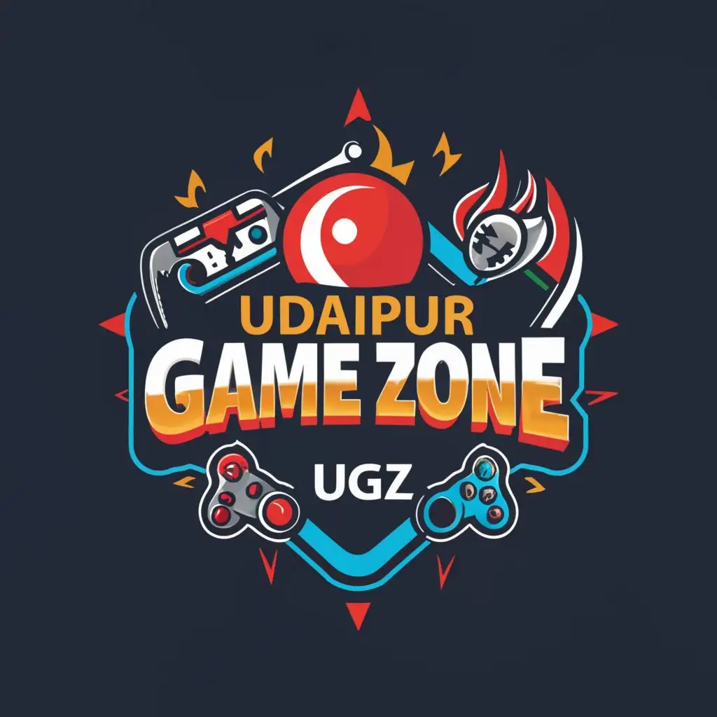 a logo design,with the text "Udaipur Game Zone UGZ", main symbol:Snooker, fireball, bowling, football, game console,Moderate,be used in Events industry,clear background