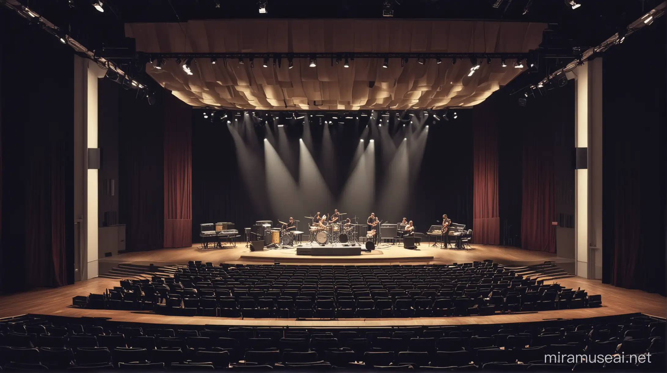 inside of a modern auditorium, one point perspective to the stage,band playing music on the stages.