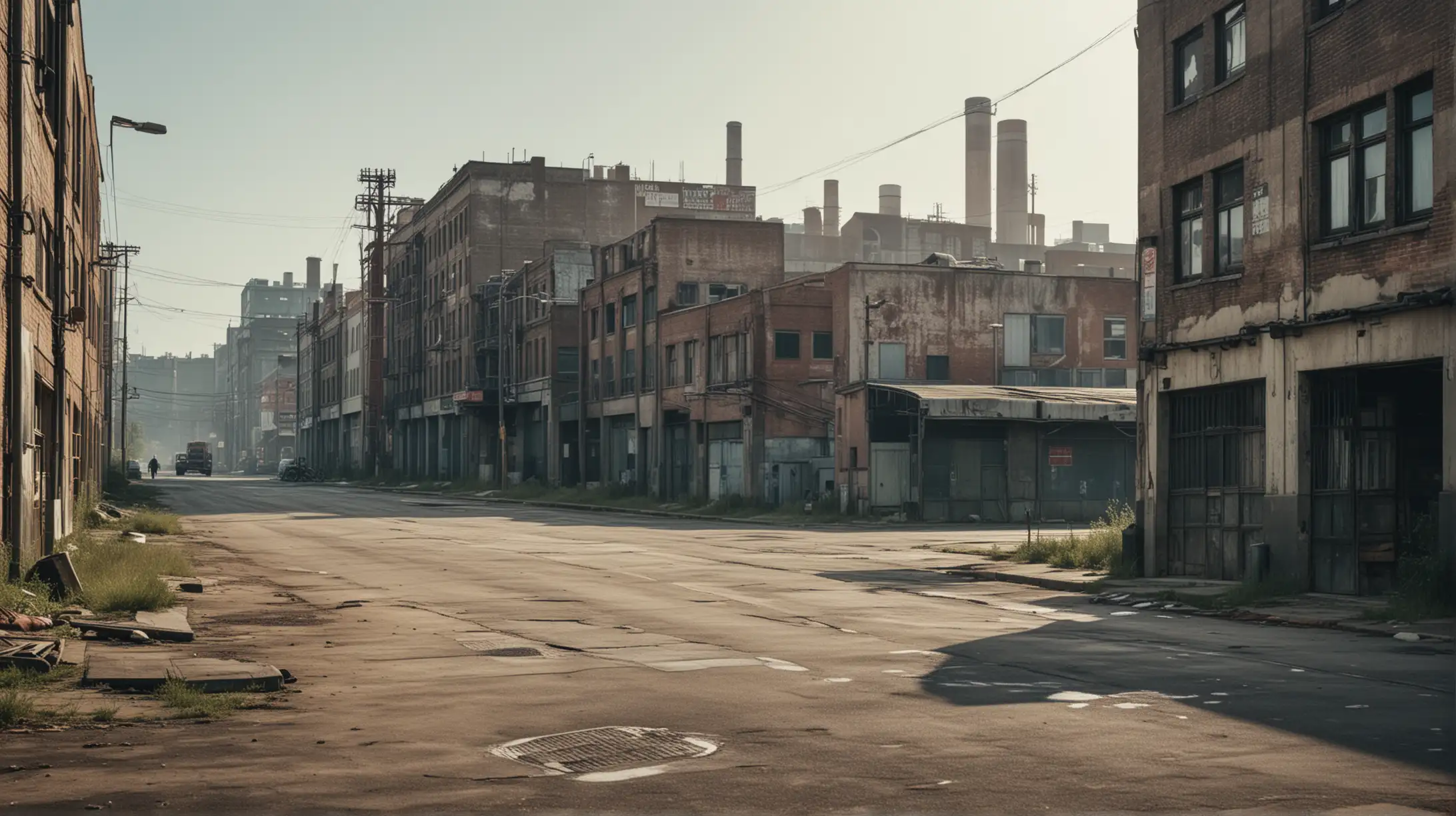 Street view of an industrial section of town. Dirty, worn buildings. Cinematic lighting, photographic quality.