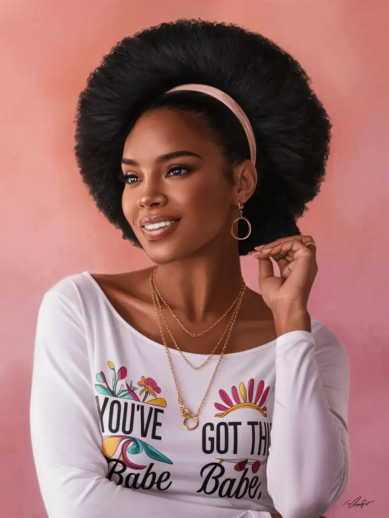 Create a picture of a black woman on a fro, wearing a white top with graphics that says "you've got this babe". Make the picture show her body up to the waist. She is wearing a medium loop earrings and 2 neck chain, one with a small loop that is shorter and a longer neck chain. She has an hair band on her hair and the background is pink  