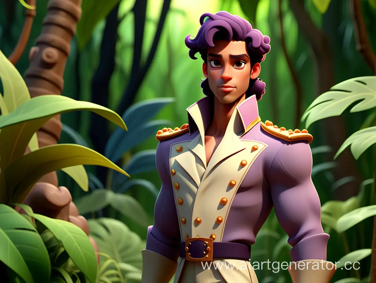 cartoon style, 8k, one beautiful man in his 30 wear prince cloth in the jungle