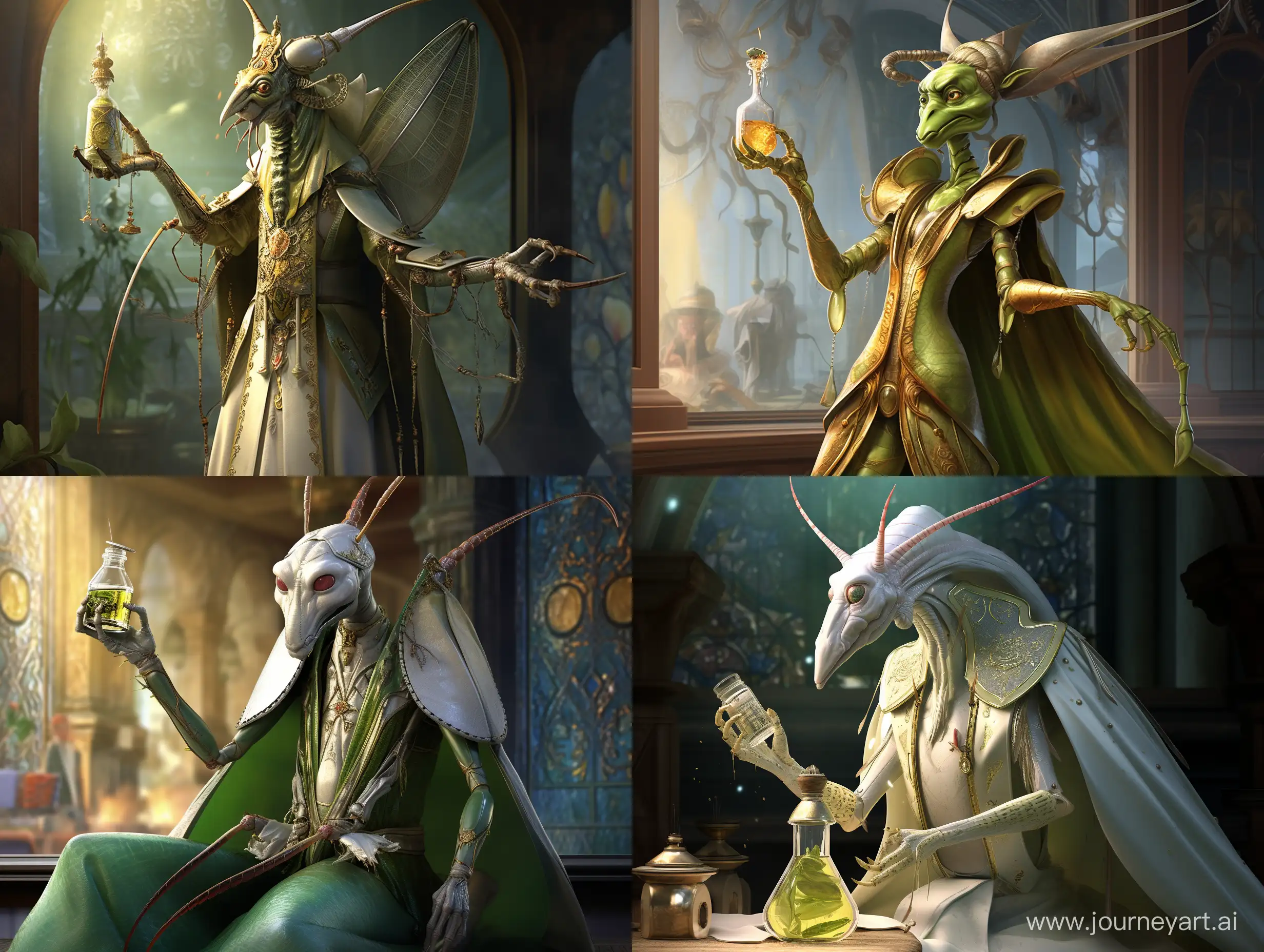 statue of a grasshopper insect holding a bottle of perfume, smooth anime cg art, greg hildebrant, furry character, ad image, picture of a male cleric, gyo fujikawa, thorax, by Kanō Naizen, predatory praying mantis, weta disney, тримає парфум в руках, детально реалістично. 9:16