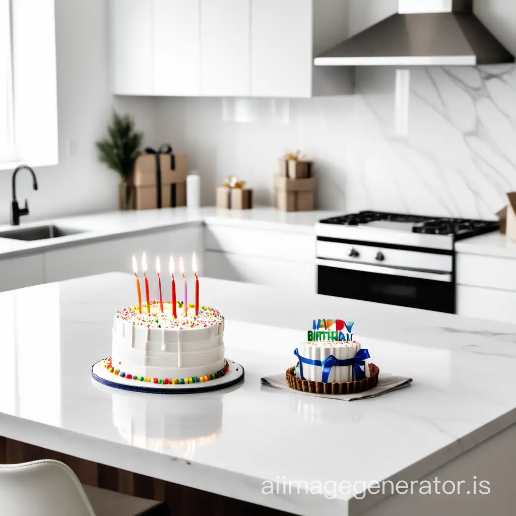 create an image taken from a distance of large modern, white kitchen that has a birthday cake and a wrapped birthday gift setting on the white counter
